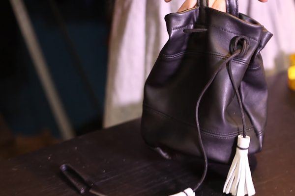 Gathered Leather Bag Drawstring Dark Brown Worn Leather Bag 