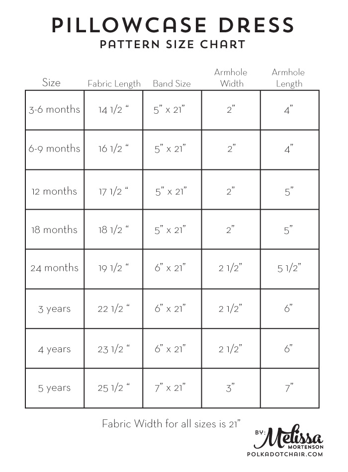 Pillowcase Dress Size Chart