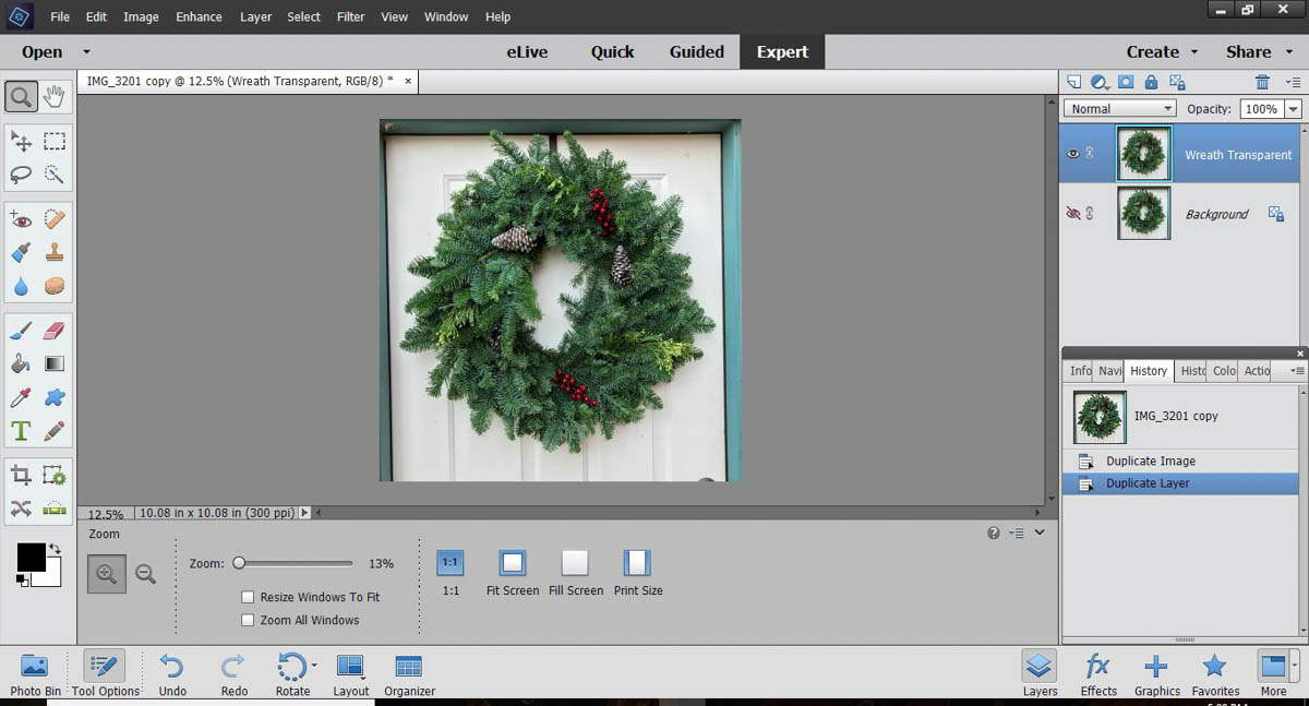 Stitched Photo Ornament-Open the picture of your wreath in PSE and make a duplicate