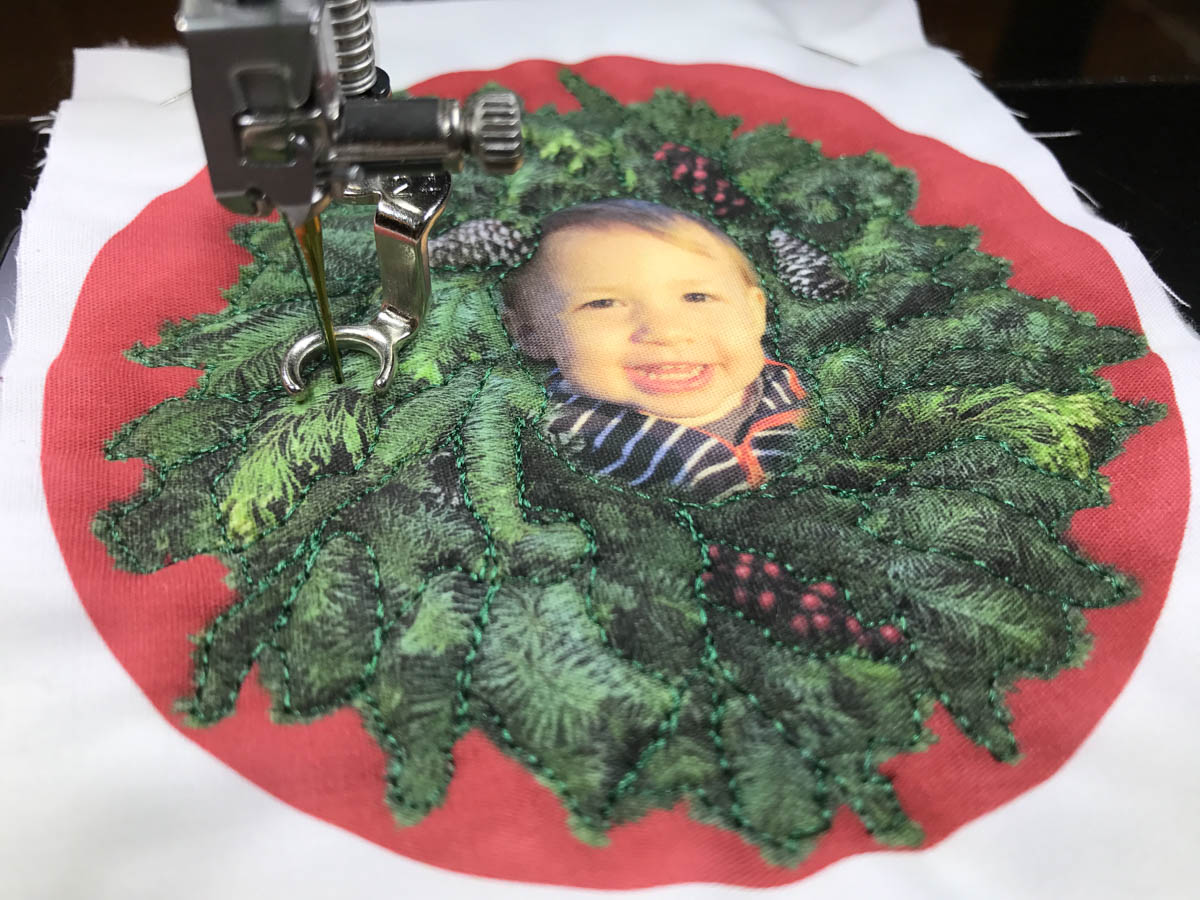 Stitched Photo Ornament-Stitching inside the wreath