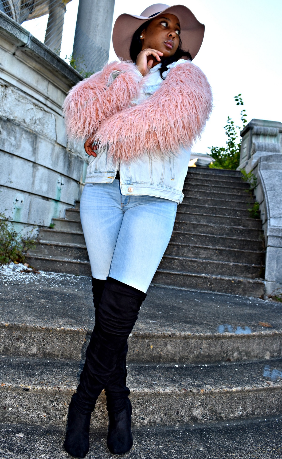 Pink fluffy 2025 denim jacket