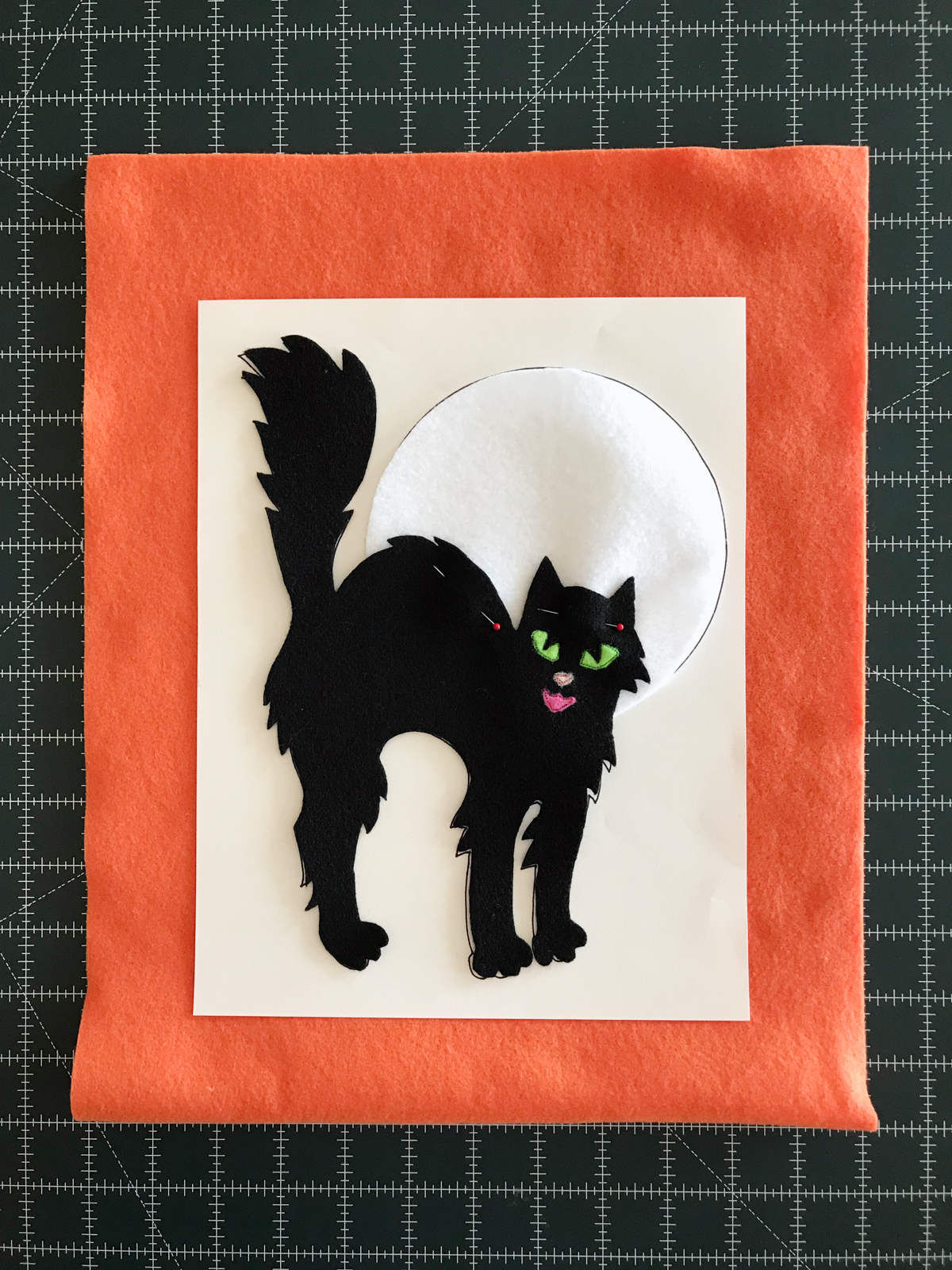 Halloween Treat Bag Tutorial- center the cat and moon applique