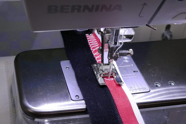 Stacked Trim Tutorial Step 6: sewing a decorative stitch on the trim.