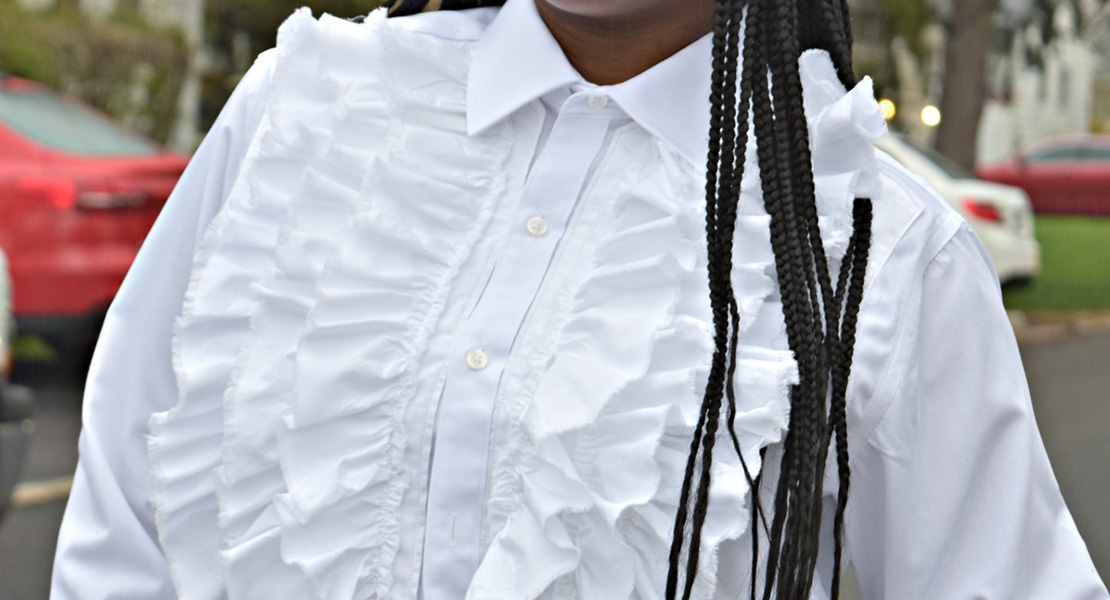 light blue ruffled tuxedo shirt