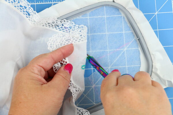 we all sew part embroider on sheer materials embroidery on handkerchief wash away stabilizer