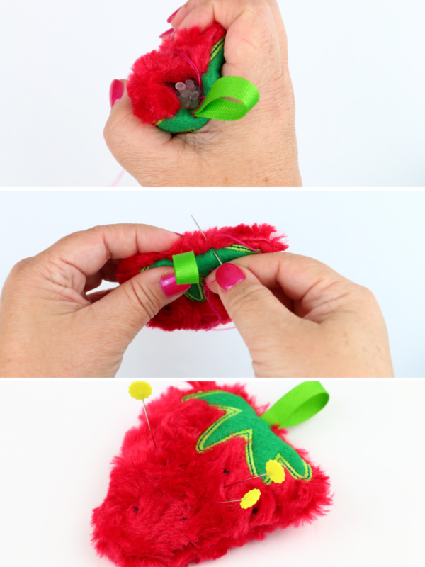 we all sew how to embroider on cuddle luxe in the hoop strawberry pin cushion