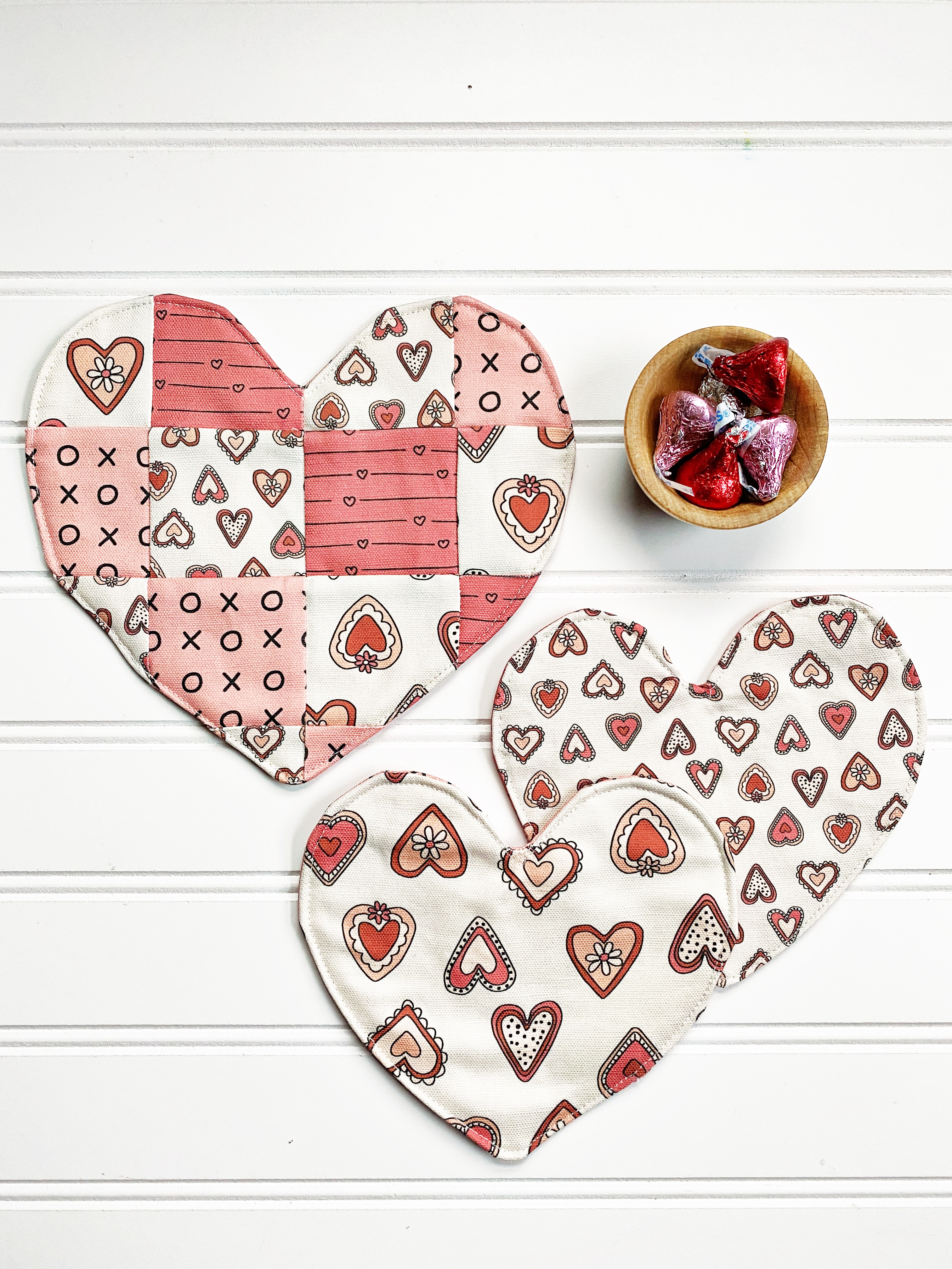 Set of 2 NEW Embroidered quilted coasters Valentine's Day fabric hearts