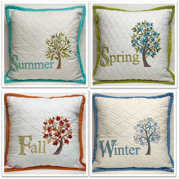 Seasonal pillows with quilted backgrounds and embroidery