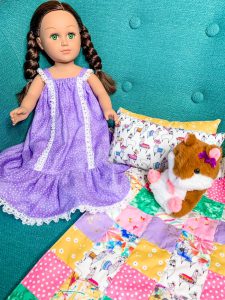 18 inch doll flannel nightgown with patchwork quilt and pillows