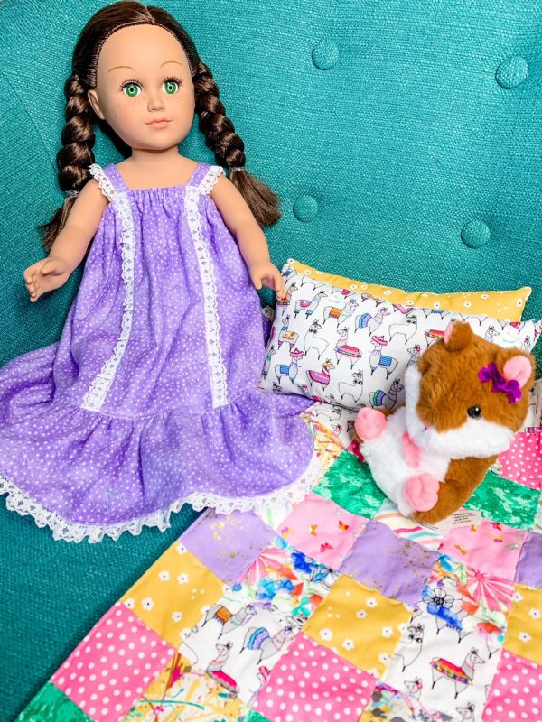 18 inch doll flannel nightgown with patchwork quilt and pillows