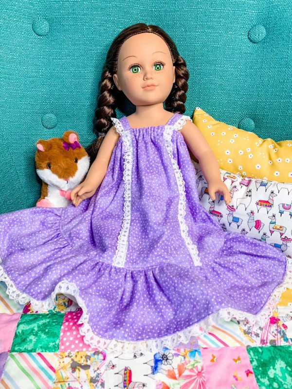 18 inch doll flannel nightgown with lace trim and ruffle hem