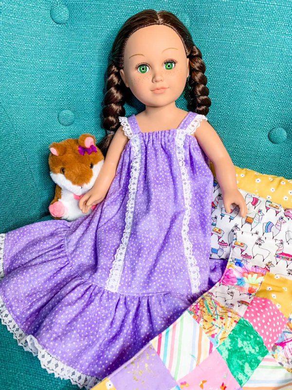 18 inch doll nightgown with lace trim and ruffle hem