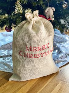 Sewing and Embroidering a Burlap Fabric Gift Bag: Finish Product