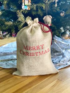 Sewing and Embroidering a Burlap Fabric Gift Bag: Finish Product