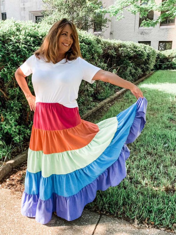 Rainbow Multi Tiered Maxi Skirt worn by Sharon Sews