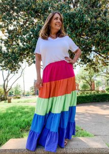 Multi-tiered rainbow maxi skirt worn by sharon sews