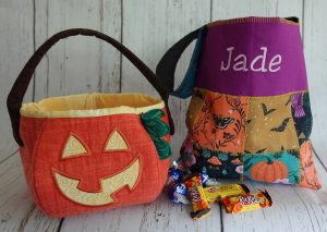 Flatlock Patchwork Trick-or-treat bag with handmade holiday pumpkin pail