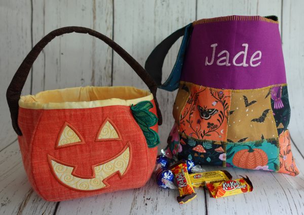 Flatlock Patchwork Trick-or-treat bag with handmade holiday pumpkin pail