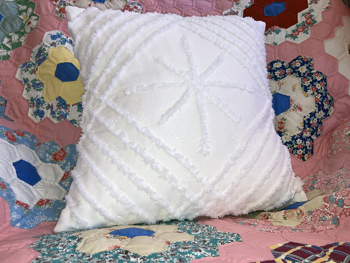 Chenille Pillow with Rulerwork