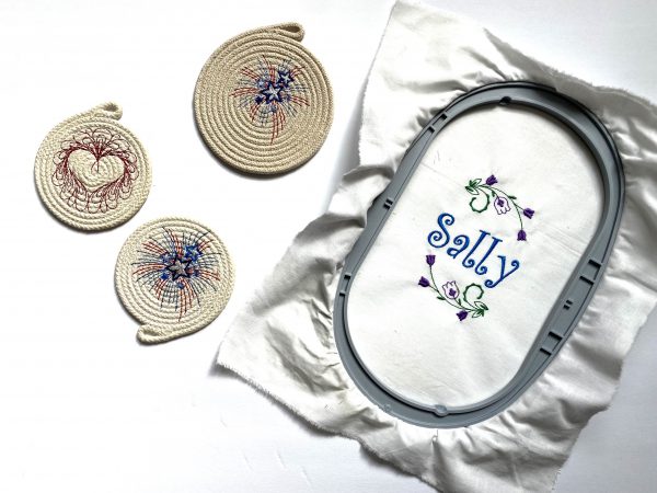 Embroidered coiled rope coasters, Embroidery with lettering and designs