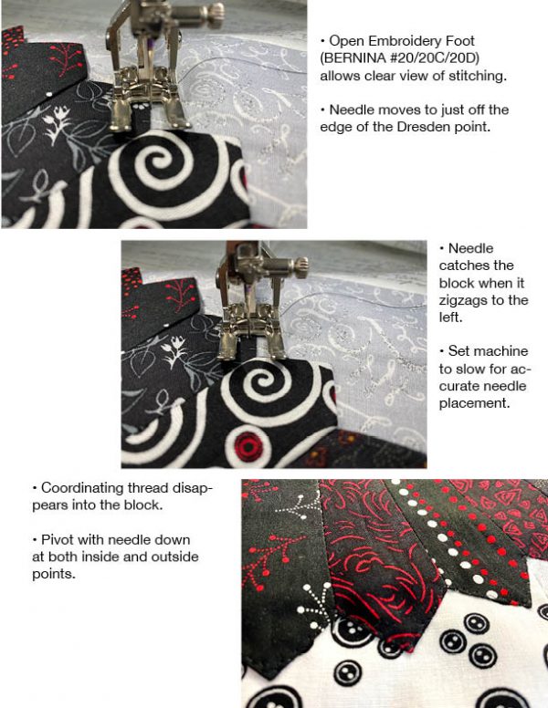 Details of machine appliqué stitching Dresden Block to background fabric