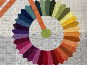 Close up of completed Dresden Block in Cherrywood Fabrics with Whimsical Bicycle Pattern