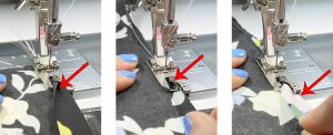 Three images of common mistakes when using hemmer feet are shown: too much fabric being fed, not enough fabric being fed, and fabric getting caught under the front of the foot.