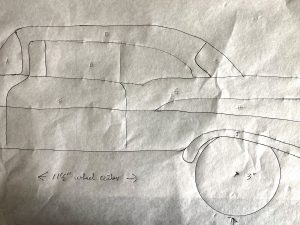 Drawing and labeling each piece of the fused appliqué 57 Chevy Art Quilt