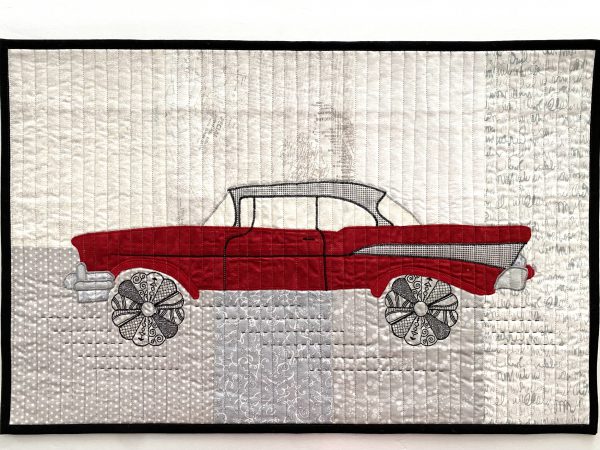 57 Chevy art quilt inspired by Dresden embroidery design found on the BERNINA website.