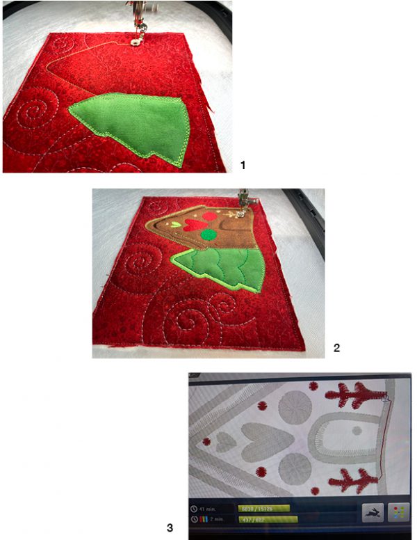 Additional appliqué fabrics are added to project and stitching details begin.