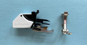 A BERNINA sewing machine Walking Foot and patchwork foot #37 are shown on a light blue background.