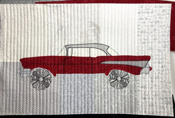 Straight line vertical quilting on '57 Chevy art quilt