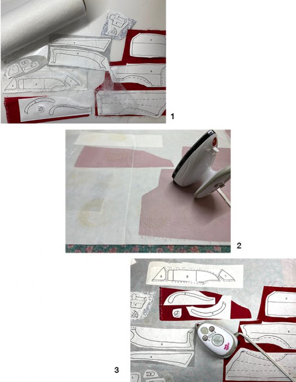 The three-step process of fusing the webbing to the fabric and connecting the pattern to the fused fabrics. 