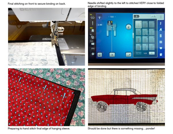 machine stitching binding, hand stitching hanging sleeve to finish quilt