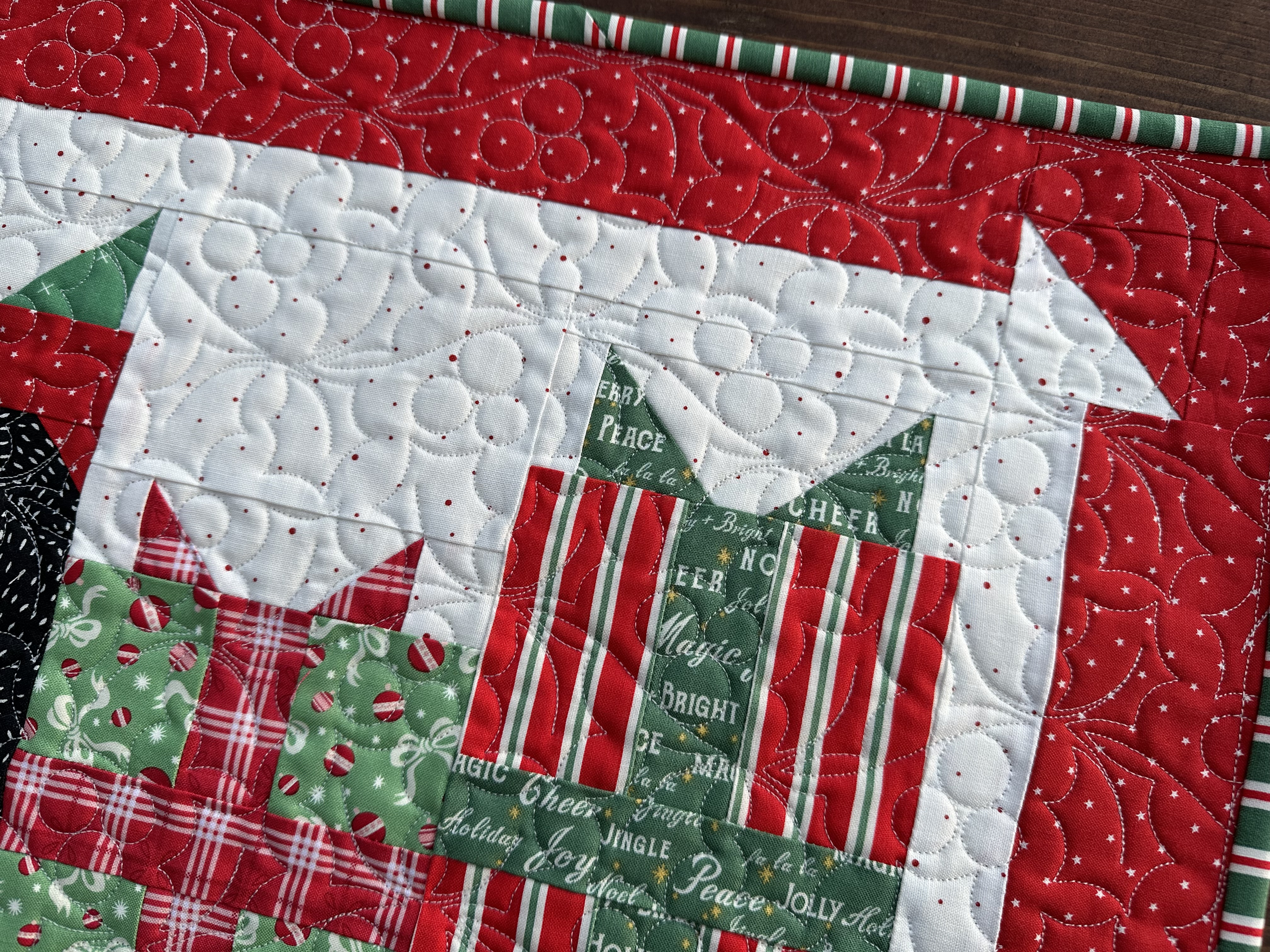 Close-up view of the stitching on the Onyx Christmas table runner