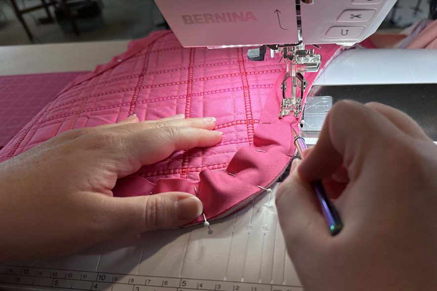 Couched Christmas Stocking Sewing the interior binding in place WeAllSew