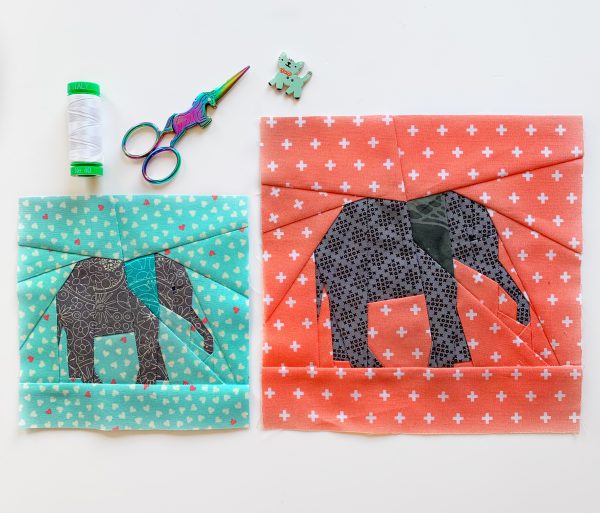 baby elephant quilt block pattern in red and blue 