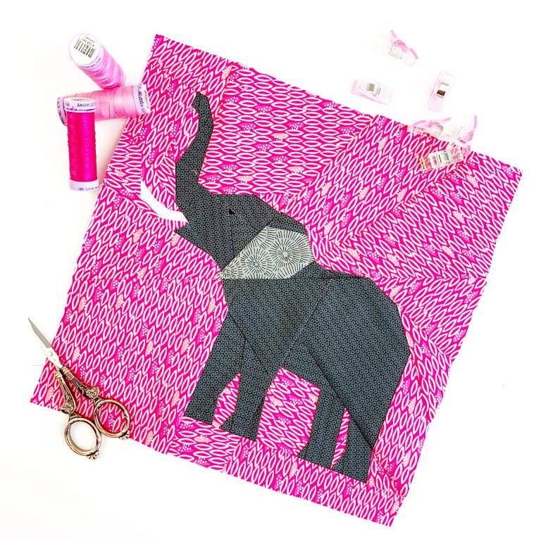 elephant quilt block pattern in pink and gray 