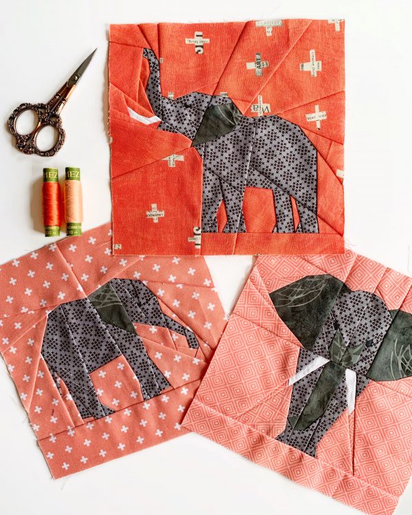 Elephant Quilt Block Patterns in Red and Gray 