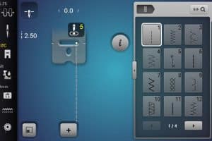 Display screen of the BERNINA 770 QE PLUS showing the needle position set to 5