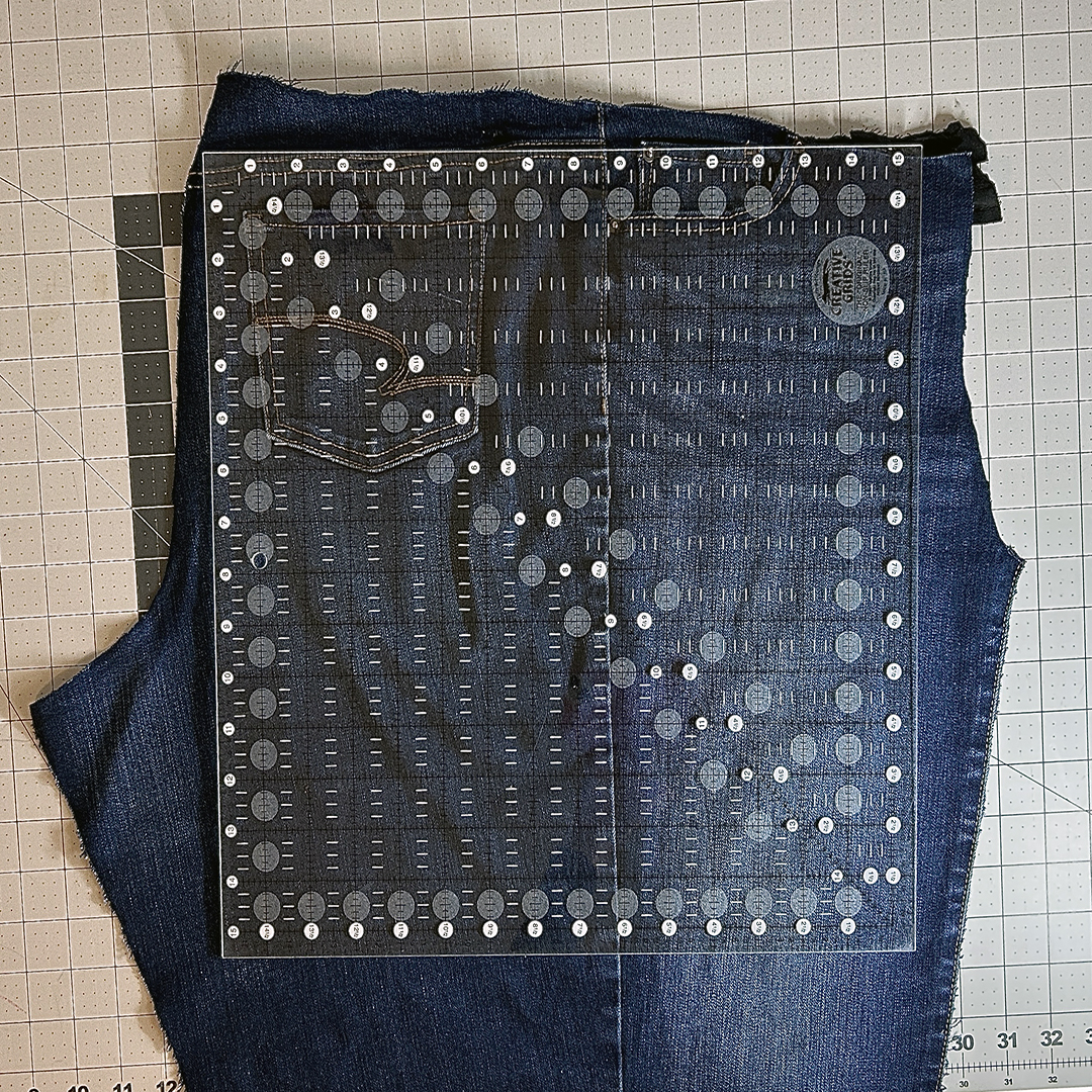 Upcycle_Jeans_to_Bag_09_measuring_with_square_ruler_BERNINA_WeAllSew_Blog_1080x1080px