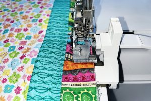 close up view of sergering multi-color binding