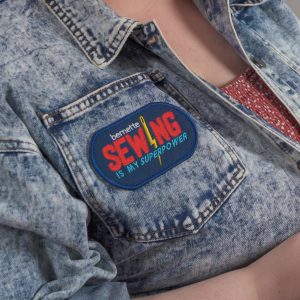 Jean jacket with Sewing is My Superpower patch