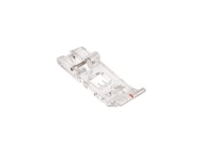 Clear sewing machine foot on a white background.