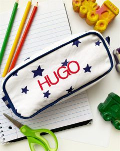 Monogrammed pencil pouch with blue stars