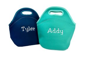 Blue and green Neoprene Lunch Tote with Embroidery