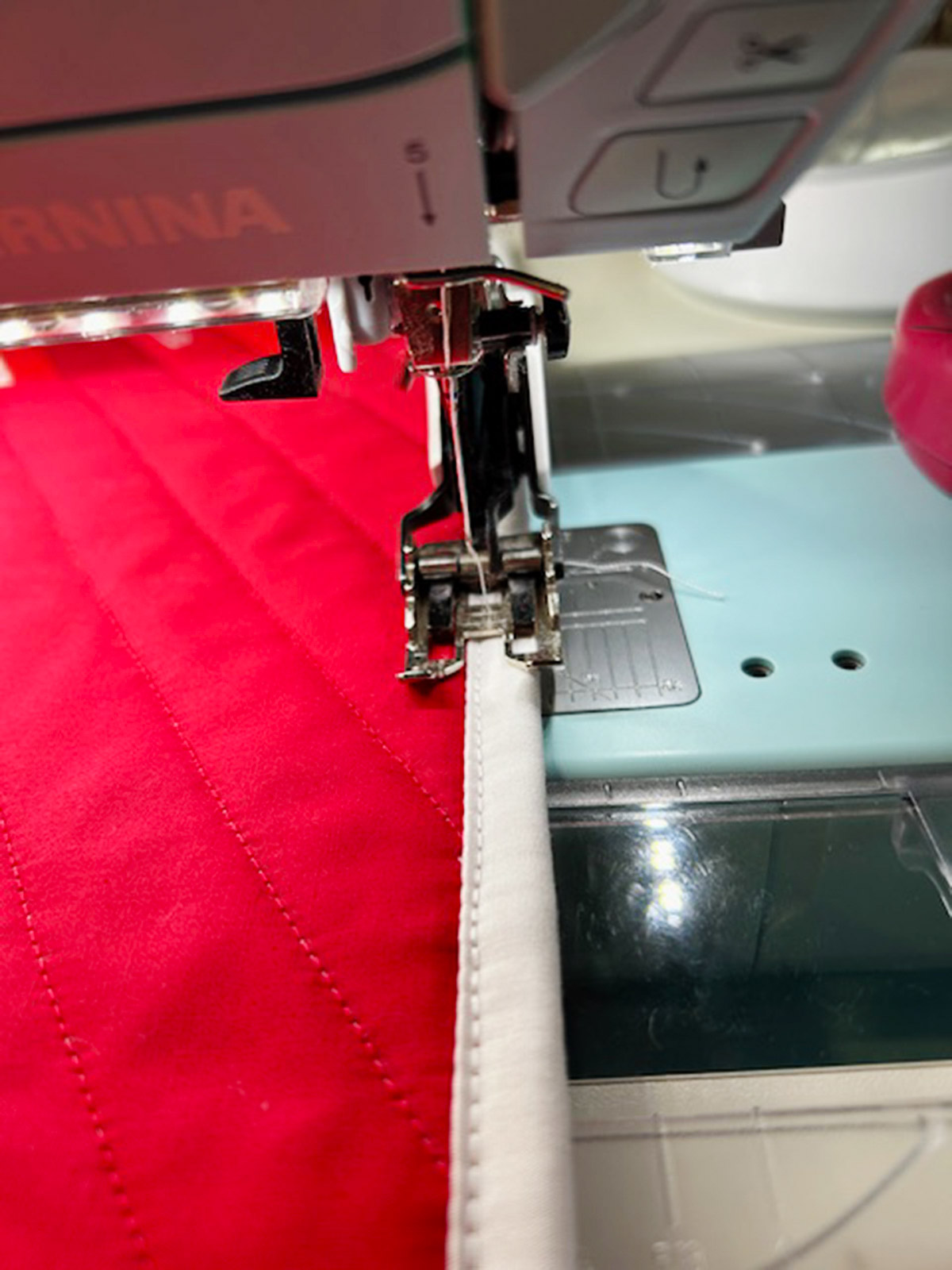 placement of walking foot and stitching on binding