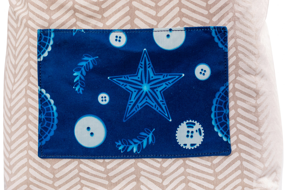 Close up of cyanotype fabric applied to the front of a tote bag