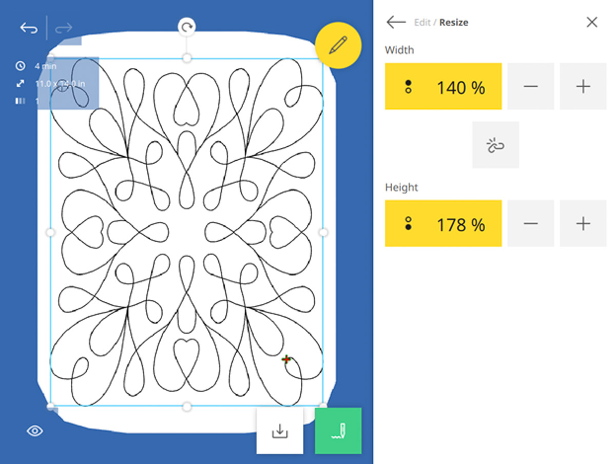 Simulator with quilt design and Resize submenu