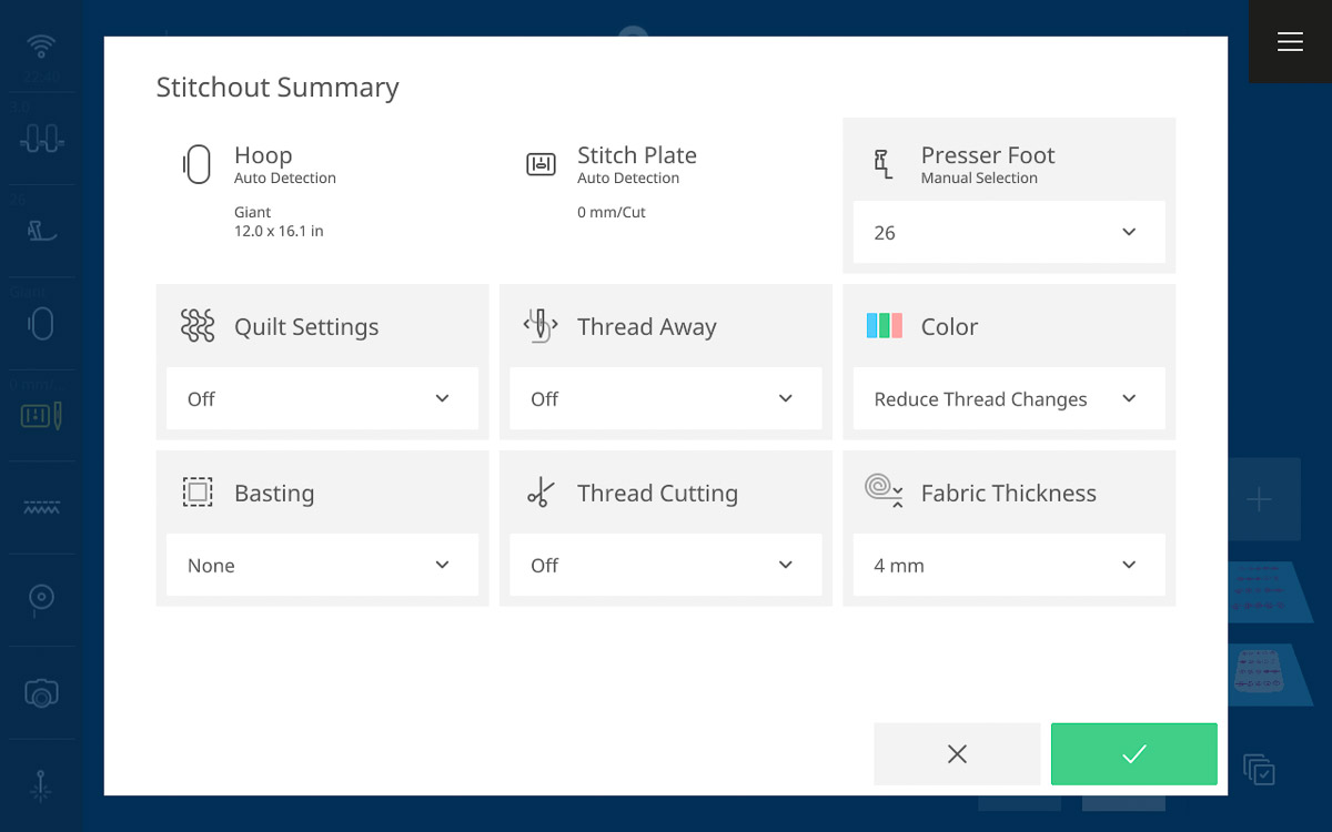 Display screen of the B 990, stitchout summary